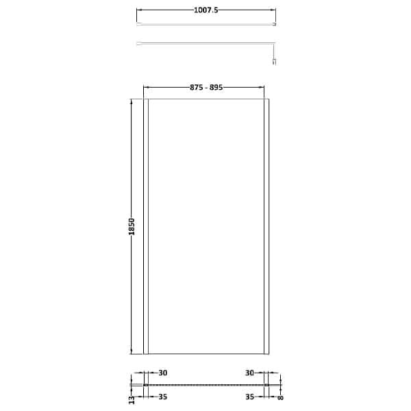 Technical drawing of the Nuie Outer Framed Wetroom Screen with Support Bar by Nuie: rectangular design, height 1850 mm, width adjustable from 875–895 mm, top width 1007.5 mm, detailed side measurements of 13, 30, and 35 mm.