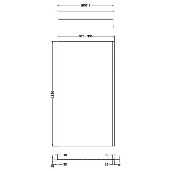 Technical drawing of the Nuie Outer Framed Wetroom Screen with Support Bar by Nuie, showing labeled dimensions: height 1950 mm, adjustable width 975–995 mm, total outer width 1007.5 mm, plus details for frame and spacing.