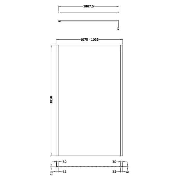 Technical drawing of the Nuie Outer Framed Wetroom Screen with Support Bar by Nuie, showing a rectangular structure: height 1850 mm, width 1075–1095 mm, top bar width 1007.5 mm, plus detailed border and spacing measurements in millimeters.