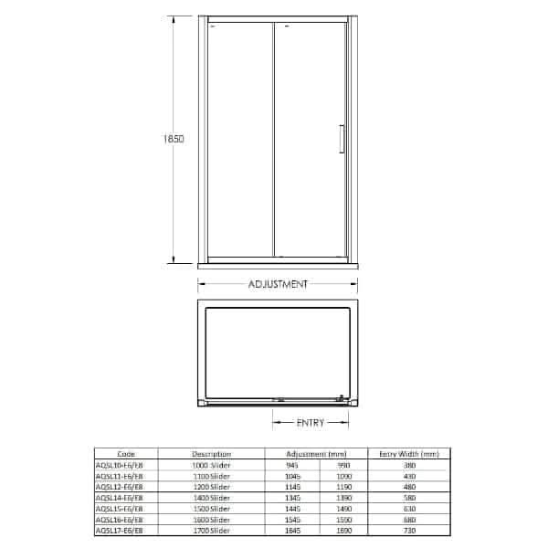 Technical drawing of the Nuie Pacific Sliding Shower Door - Chrome by Nuie, with front/top views and measurements in millimeters. Table shows chrome models with their widths, adjustment ranges, and entry widths.