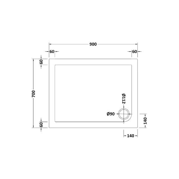 Technical drawing of the Nuie Pearlstone Rectangular Shower Tray - White (900mm x 700mm), featuring a 90mm diameter circular detail 140mm from the bottom and right, with 60mm margins; ideal for contemporary bathrooms. Brand: Nuie.