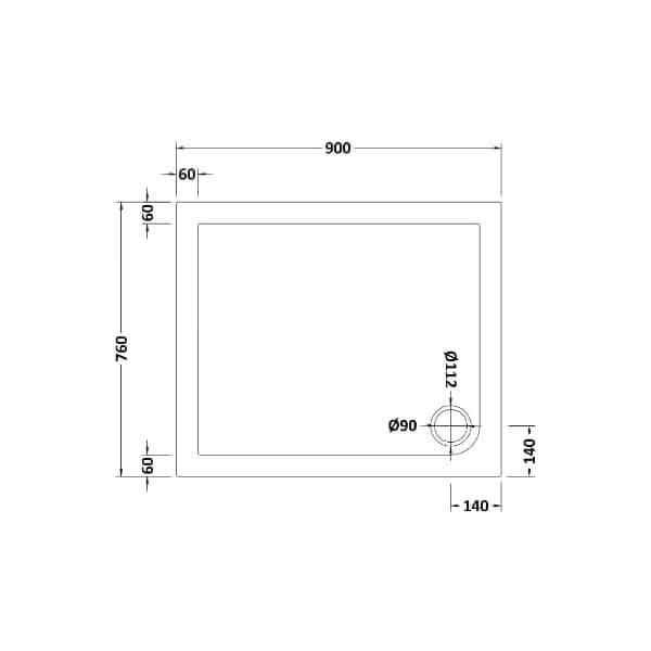 Technical drawing of the Nuie Pearlstone Rectangular Shower Tray - White by Nuie, featuring dimensions of 900mm width, 760mm height, 60mm border, and a 90mm diameter circular cutout set 140mm from the right and bottom edges.