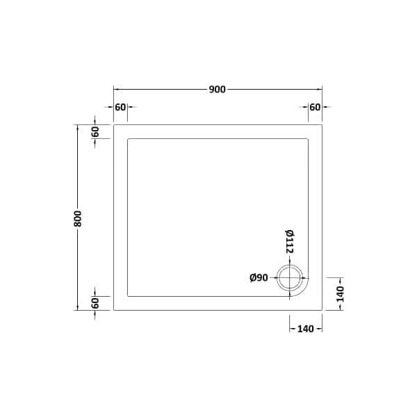 Technical drawing of the Nuie Pearlstone Rectangular Shower Tray – White, 900x800mm, by Nuie. All dimensions shown. Drainage hole (90mm diameter) positioned 140mm from two adjacent edges. Ideal for contemporary bathrooms.