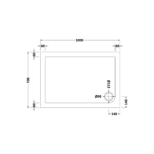 Technical drawing of the Nuie Pearlstone Rectangular Shower Tray - White (1000 x 700 mm) by Nuie, featuring a 90 mm circular hole positioned 140 mm from the right edge and 60 mm from the top—perfect for modern bathrooms.
