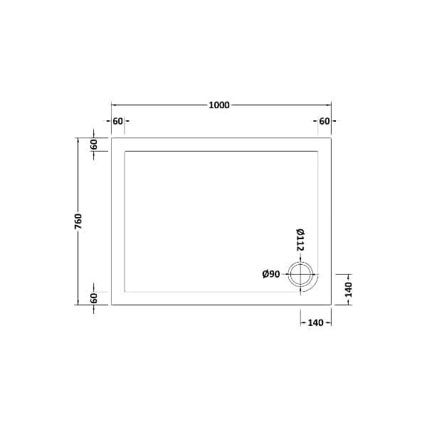 Technical drawing of the Nuie Pearlstone Rectangular Shower Tray - White by Nuie, 1000 mm wide x 760 mm high, with circular detail (90 mm/112 mm diameters) at bottom right and margins of 60 mm and 140 mm.