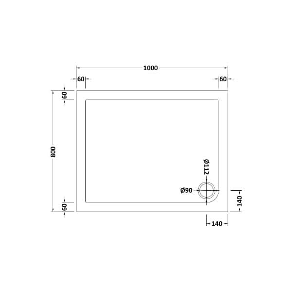 Technical drawing of the Nuie Pearlstone Rectangular Shower Tray - White (1000x800mm) by Nuie, with 90mm circular drain 140mm from right/bottom edges; other margins are 60mm. Perfect for modern bathrooms.