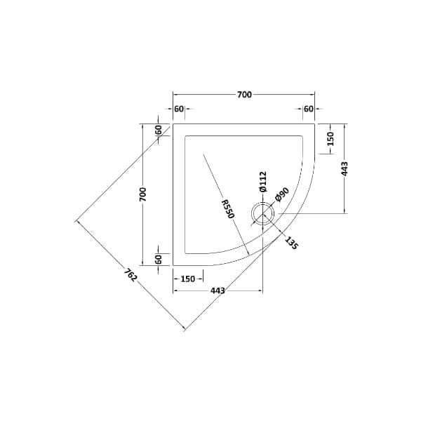 Technical drawing of the Nuie Quadrant Shower Tray - Slate Grey by Nuie, featuring 700 mm sides, a curved front edge, labeled measurements for fitting, and the drain hole location.