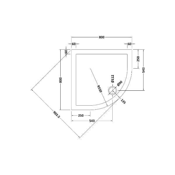 Technical drawing of the Nuie Quadrant Shower Tray - Slate Grey by Nuie, showing 800x800 mm dimensions, 550 mm curved edge radius, drain placement, labeled measurements in millimeters, and Pearlstone Matrix construction.