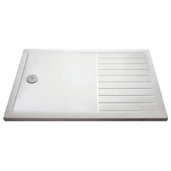 The Nuie Rectangular Walk-In Shower Tray features a smooth left surface, right-side raised horizontal ridges for better grip, and a drain hole—perfect for modern walk-in showers.