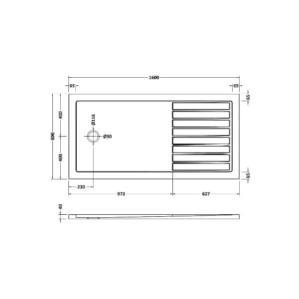 Technical drawing of a rectangular kitchen sink (1600 x 500 mm) with a circular drain and right-side grooves, ideal for pairing with the Nuie Rectangular Walk-In Shower Tray - Slate Grey. Top and side views are shown.