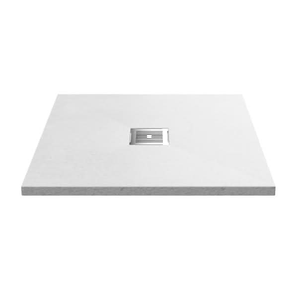 The Nuie Slimline Square Shower Tray by Nuie is a square, white tray with a centered square metal drain cover, smooth surface, and slightly raised edges for a modern look.