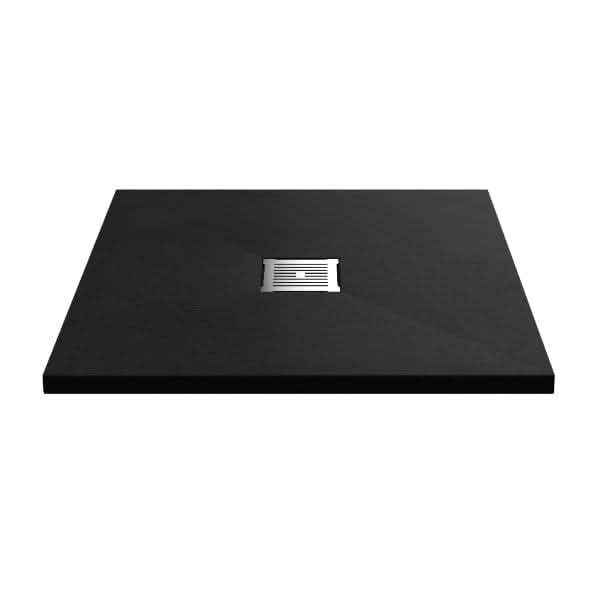 The Nuie Slimline Square Shower Tray by Nuie is a rectangular, flat black tray with a central square metal drain cover, shown from an angle against a white background.