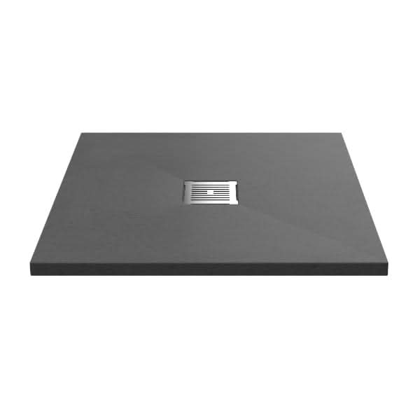 The Nuie Slimline Square Shower Tray by Nuie features a flat surface and a central square metal drain cover, offering modern style and practicality.