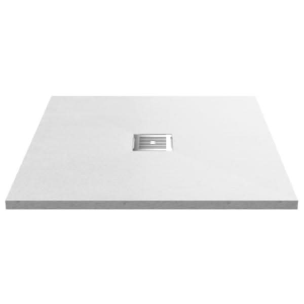 The Nuie Slimline Square Shower Tray by Nuie features a smooth, white surface and a central square metal drain cover for a sleek, minimalist appearance.