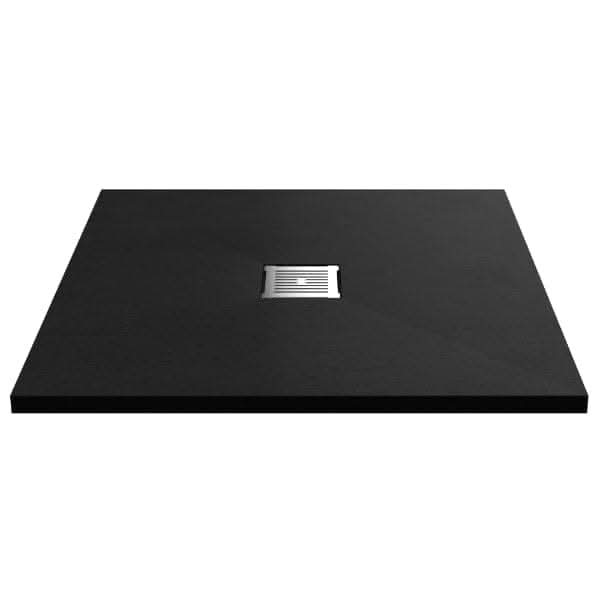 A black Nuie Slimline Square Shower Tray by Nuie with a central square silver drain, shown from a low front angle on a white background.