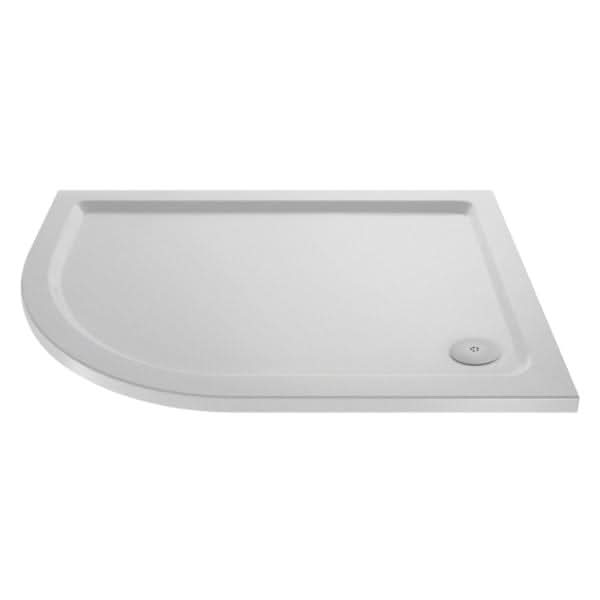 The Nuie Slip Resistant Offset Quadrant Shower Tray in white features a curved front edge, circular rear right drain hole, and slip-resistant surface for added safety.
