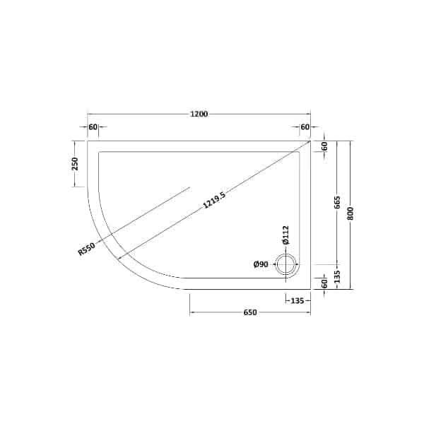 Technical drawing of the Nuie Slip Resistant Offset Quadrant Shower Tray - White by Nuie, showing 1200mm x 800mm size, curved R550 front edge, Ø90 & Ø112 waste holes, and detailed side measurements in millimeters.