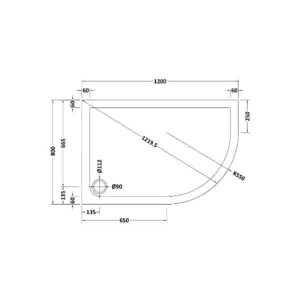 Technical drawing of the Nuie Slip Resistant Offset Quadrant Shower Tray - White by Nuie, showing detailed measurements. The tray is 1200mm x 900mm, has a curved front, slip-resistant surface, and a drain hole for installation reference.