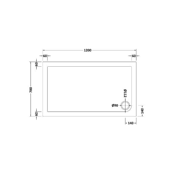 Technical drawing of the Nuie Slip Resistant Rectangular Shower Tray - White (1200x700 mm, 60 mm border, Ø90 mm drain 140 mm from bottom/side). From Nuie, this tray is an ideal slip resistant shower solution.