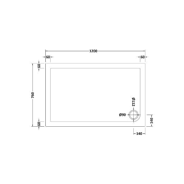 Technical drawing of the Nuie Slip Resistant Rectangular Shower Tray (White, Nuie), 1200 mm wide x 750 mm high, with a circular Ø112 mm detail at the bottom right, 140 mm from both right and bottom edges.