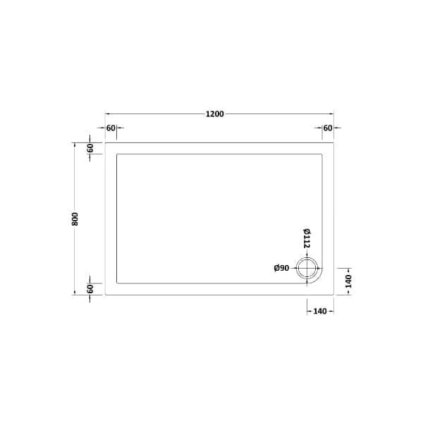 Technical drawing of the Nuie Slip Resistant Rectangular Shower Tray - White: 1200mm wide, 800mm tall, 60mm margins on three sides, and a 90mm diameter circular cutout placed 140mm from the right edge and 60mm from the bottom.