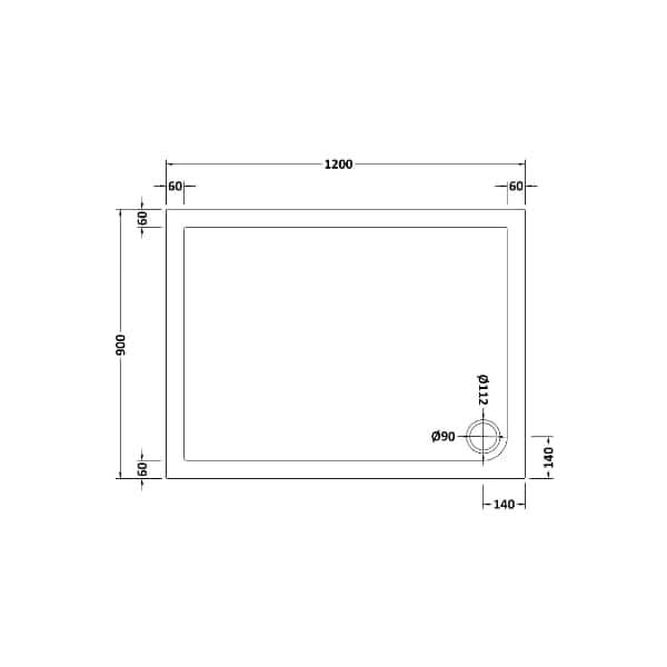Technical drawing of the Nuie Slip Resistant Rectangular Shower Tray - White, 1200 x 900 mm, by Nuie. Features a 90 mm drain hole near one corner and slip-resistant details. Edge dimensions are clearly indicated.