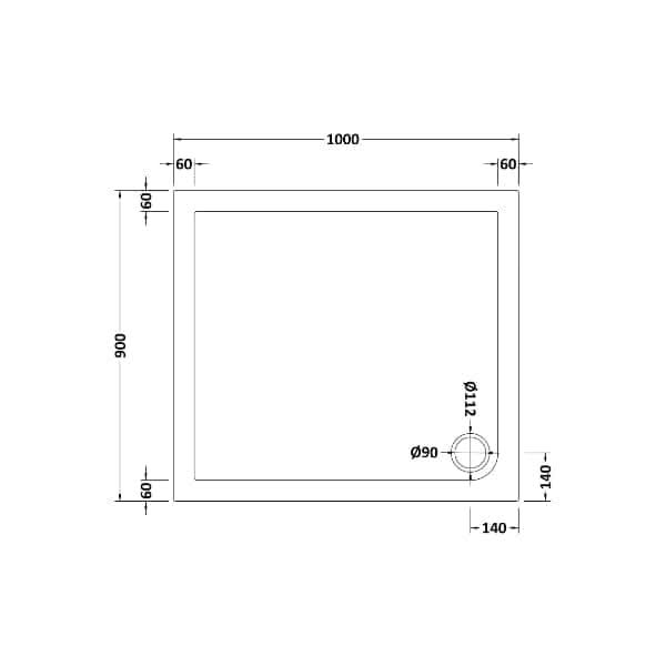 Technical drawing of the Nuie Slip Resistant Rectangular Shower Tray - White by Nuie, 1000mm x 1000mm, with a central 900mm square and a 90mm circular drain located 140mm from two adjacent edges. All dimensions in millimeters.