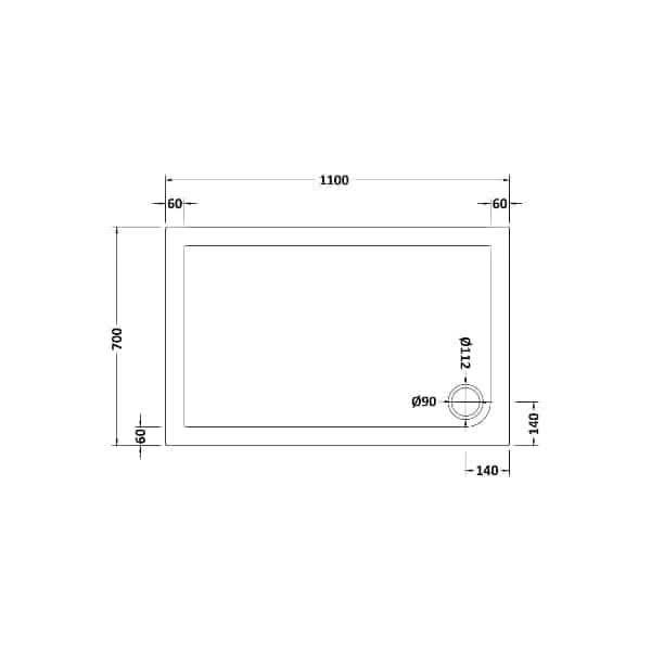 Technical drawing of the Nuie Slip Resistant Rectangular Shower Tray in white: 1100mm wide, 700mm high, 60mm borders (three sides), and a 90mm drain set 140mm from right and bottom edges. Brand: Nuie.