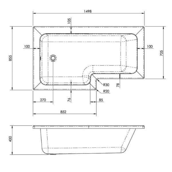 Technical drawing of the Nuie Square L Shape Shower Bath - White by Nuie, showing labeled dimensions: 1498mm length, widths of 855mm and 705mm at each end, and a depth of 400mm. Includes drain position, inner contours, and side profile view.