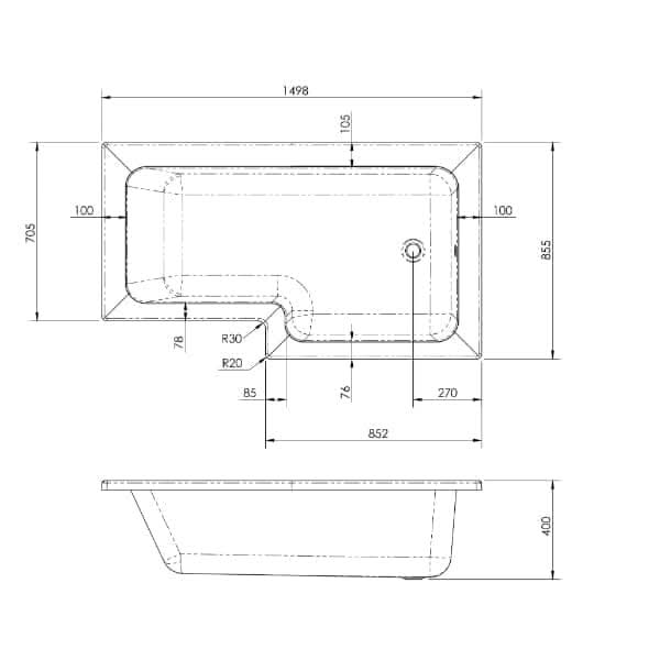 Technical drawing of the Nuie Square L Shape Shower Bath - White, with top and side views; labeled dimensions in millimeters: 1498 mm length, 706 mm width, 460 mm height, plus other detailed measurements.