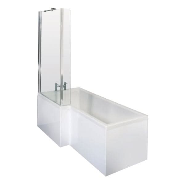 Nuie Square L Shape Shower Bath With Screen And Front Panel - White