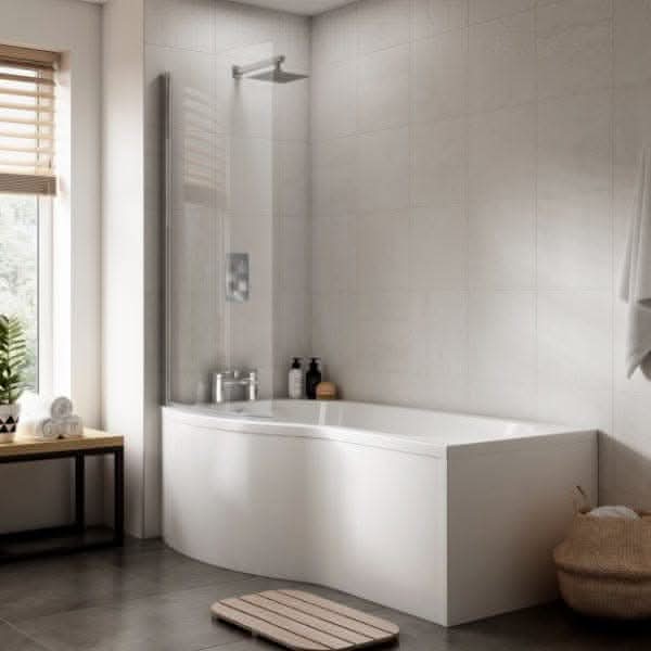 A modern bathroom with the Nuie Square P Shape Shower Bath in white by Nuie, wall-mounted shower, light tiles, window with wooden blinds, a bench holding towels and a plant, plus a round basket on the floor.