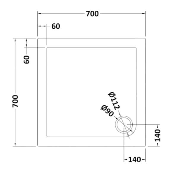 Technical drawing of the Nuie Square Shower Tray - White by Nuie, with 700 mm outer and inner sides, a 112 mm diameter circle at the bottom right corner, and measurements including 60 mm and 140 mm offsets.