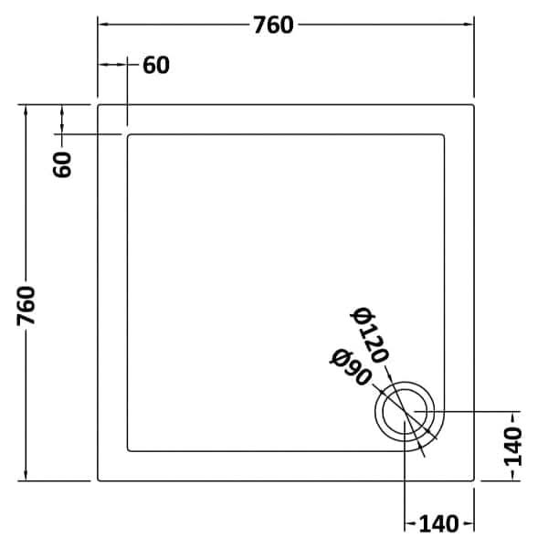 Technical drawing of the Nuie Square Shower Tray - White by Nuie: 760mm sides, circular cutout (120mm outer, 90mm inner), placed 140mm from bottom/right edges; slim 60mm borders on top and left sides.