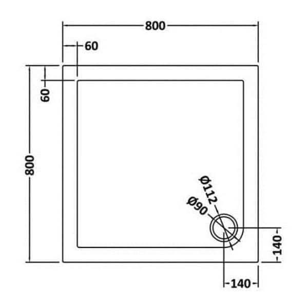 Technical drawing of the Nuie Square Shower Tray - White by Nuie, 800mm per side with a 60mm border. A circular hole (Ø60/Ø112) is placed 140mm from the bottom and right edges. Measurements are shown with arrows.