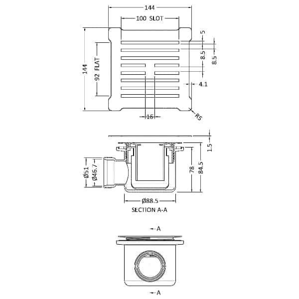 Technical drawing of the Nuie Square Shower Tray Waste by Nuie shows top, cross-sectional, and front views with detailed millimeter measurements, slot spacing, and side pipe connection—ideal for slimline pearlstone shower trays.