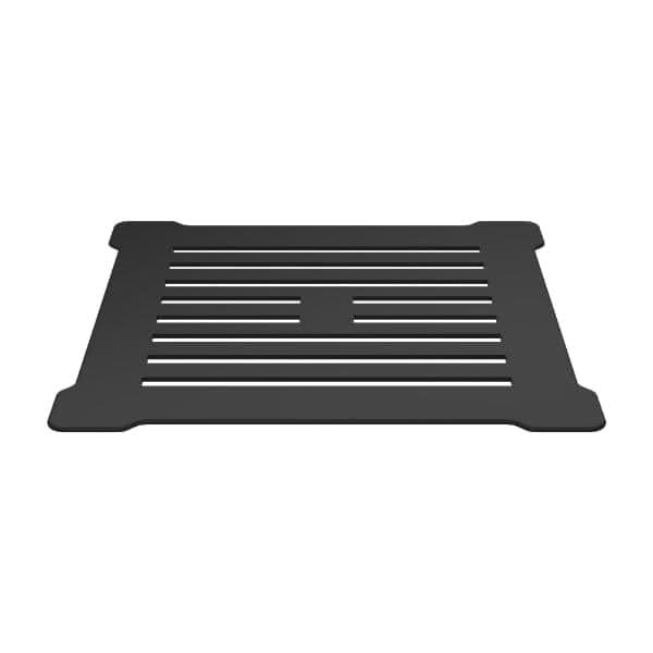A black rectangular metal grate with parallel slits and a central square opening, designed to complement the Nuie Square Shower Tray Waste and slimline pearlstone trays, with slightly raised corners for added functionality.