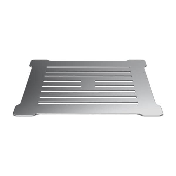The Nuie Square Shower Tray Waste by Nuie features a rectangular metal design with rounded corners and parallel slits for ventilation or drainage, ideal for use with slimline pearlstone shower trays. Shown against a white background.