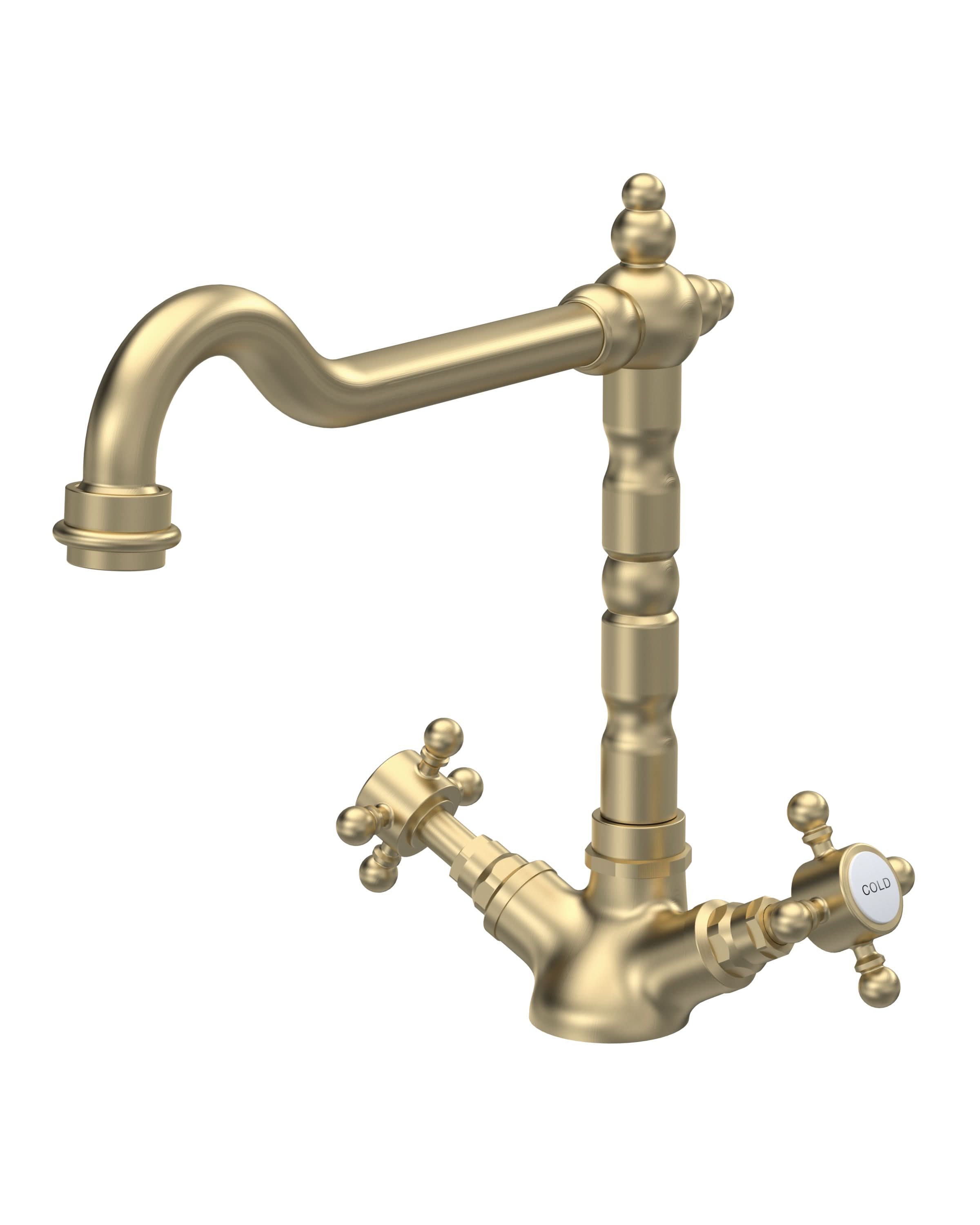 Nuie French Classic Mono Sink Mixer Brushed Brass Plated Kitchen Taps, Deck Mounted Double Crosshead Lever Kitchen Sink Mixer Tap, French Design Kitchen Sinks and Taps