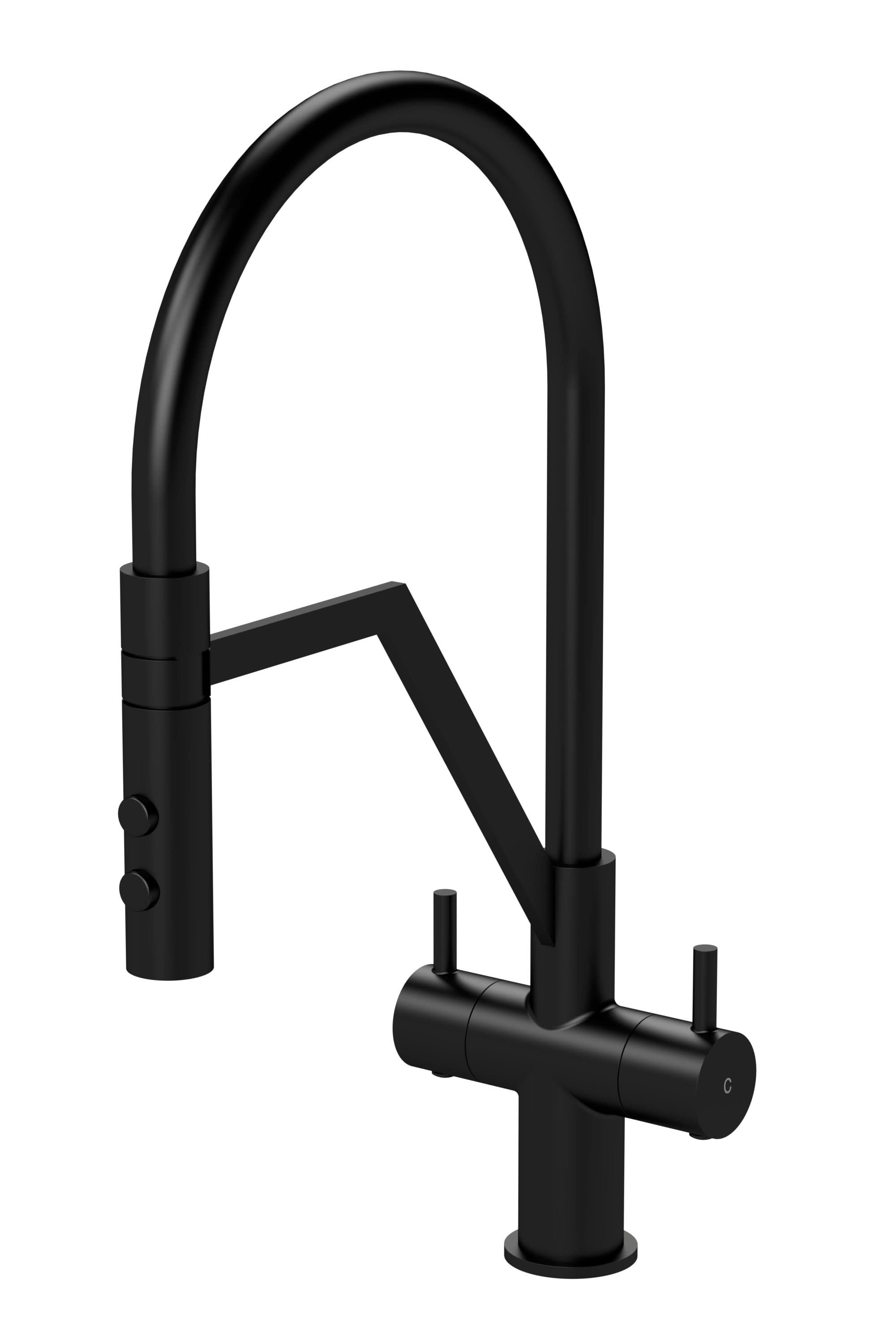 Nuie Ravi Mono Dual Lever Matt Black Finished Kitchen Sink Taps With Pop-Up Waste, Deck Mounted Swivel Spout Kitchen Taps, Traditional Design Best Kitchen Taps