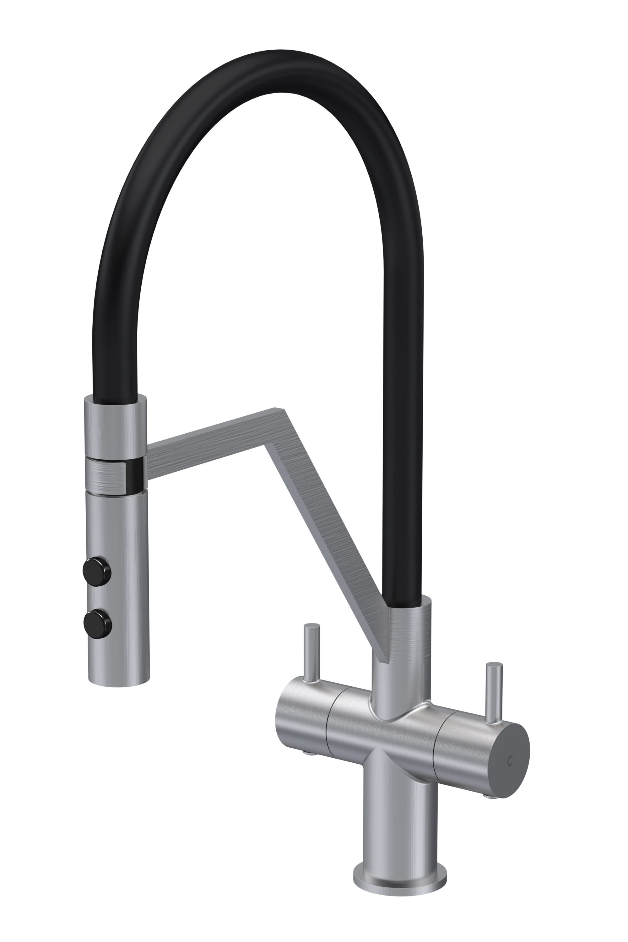 Nuie Ravi Mono Dual Lever Brushed Nickel Finished Kitchen Sink Taps With Pop-Up Waste, Deck Mounted Swivel Spout Kitchen Taps, Traditional Design Best Kitchen Taps