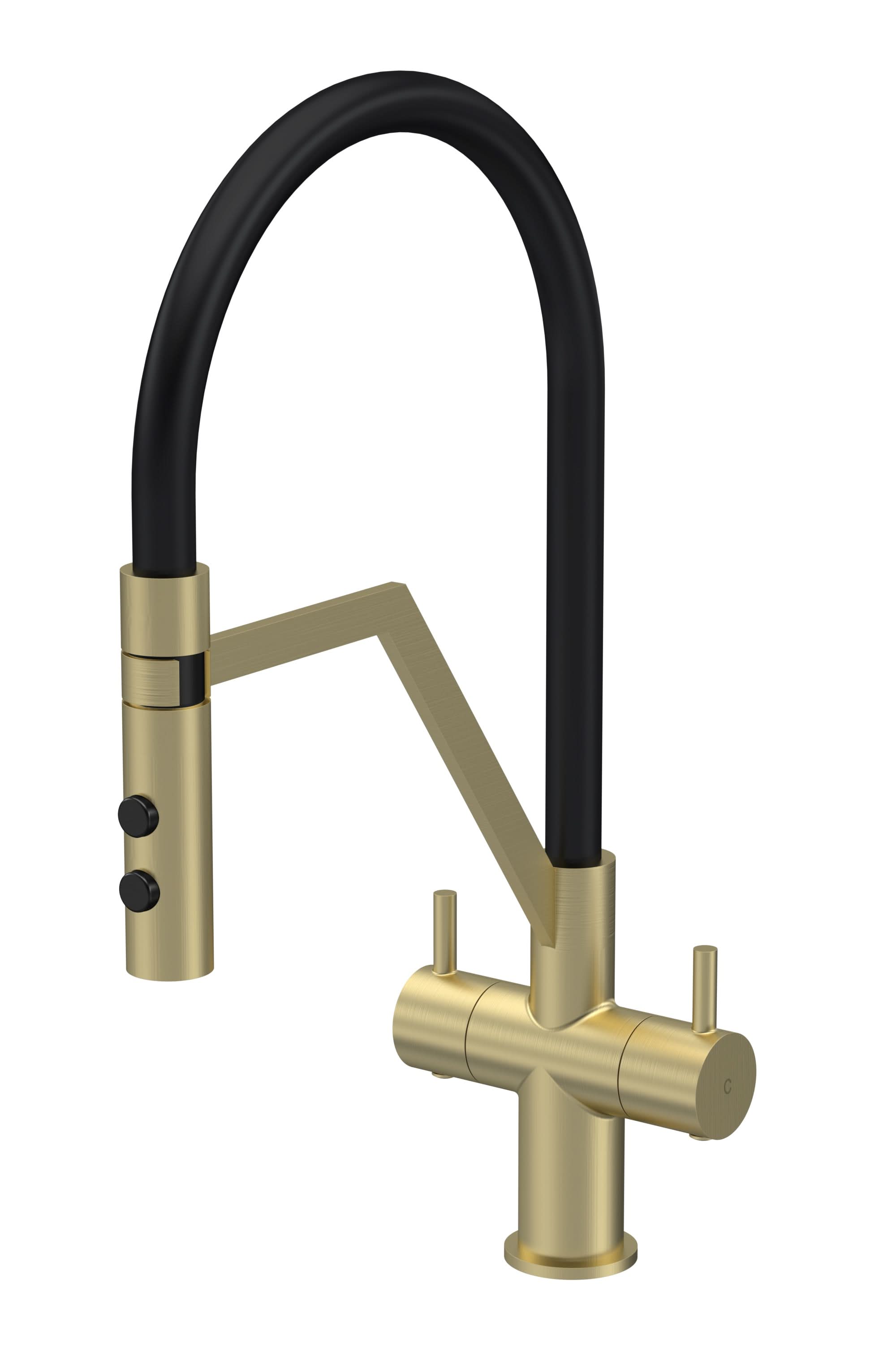 Nuie Ravi Mono Dual Lever Brushed Brass Finished Kitchen Sink Taps With Pop-Up Waste, Deck Mounted Swivel Spout Kitchen Taps, Traditional Design Best Kitchen Taps