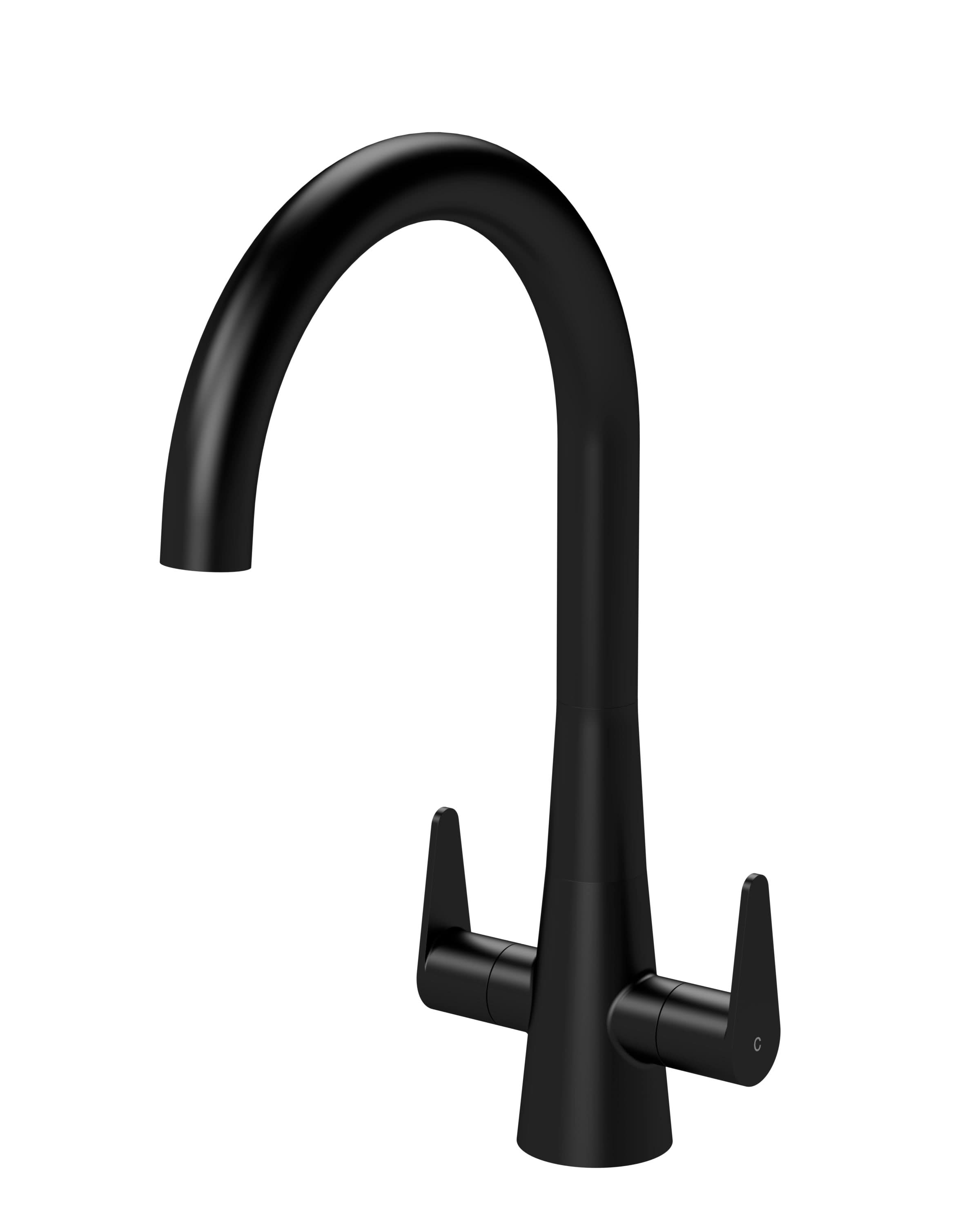 Nuie Sameer Mono Dual Lever Matt Black Finished Kitchen Sink Taps, Deck Mounted Swivel Spout Kitchen Taps with Pop-Up Waste, Traditional Design Best Kitchen Taps