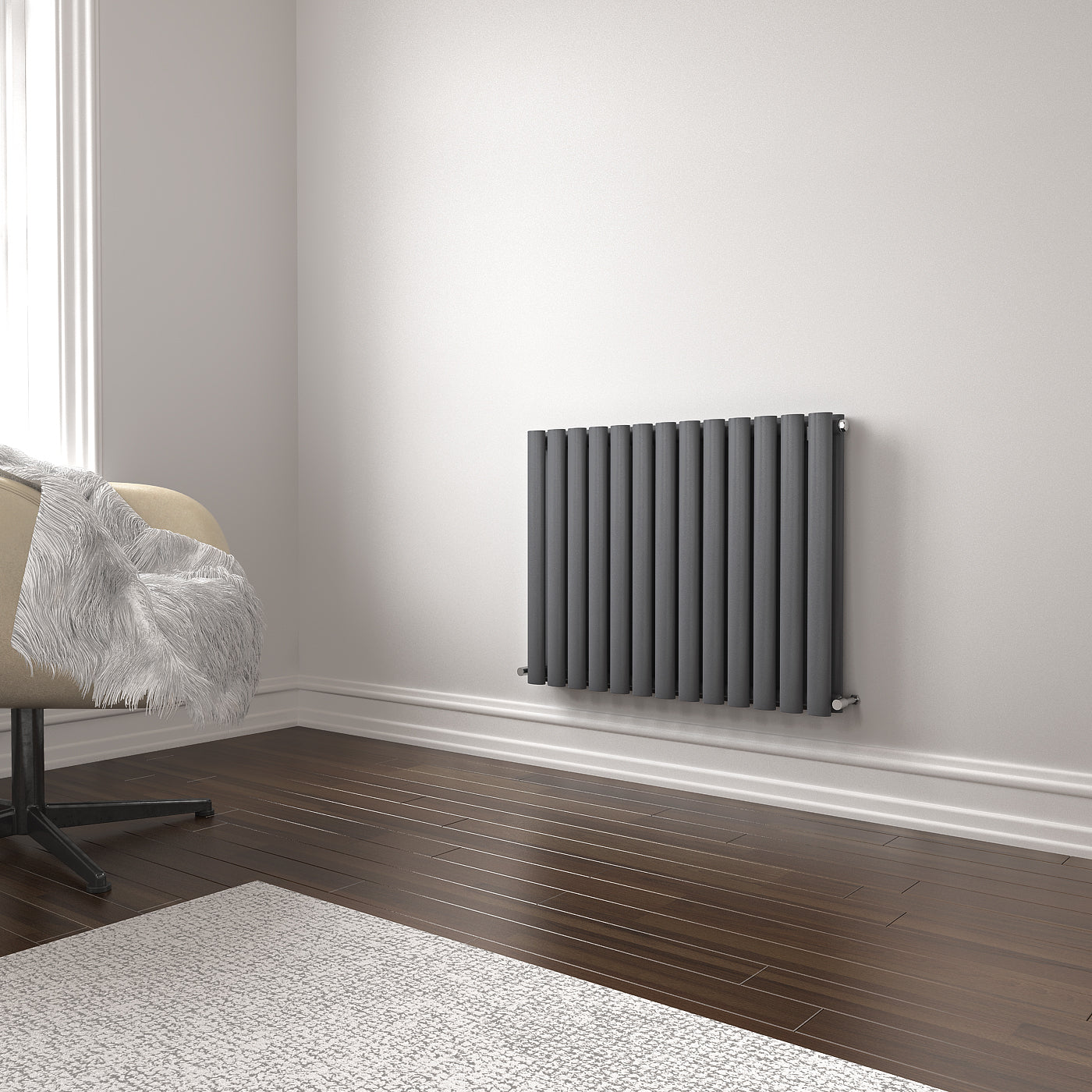 iBathUK Strata Horizontal Double Panel Oval Radiator, Wall Mounted Designer Radiator, High Heat Output, Matt Anthracite, 600 x 1440mm