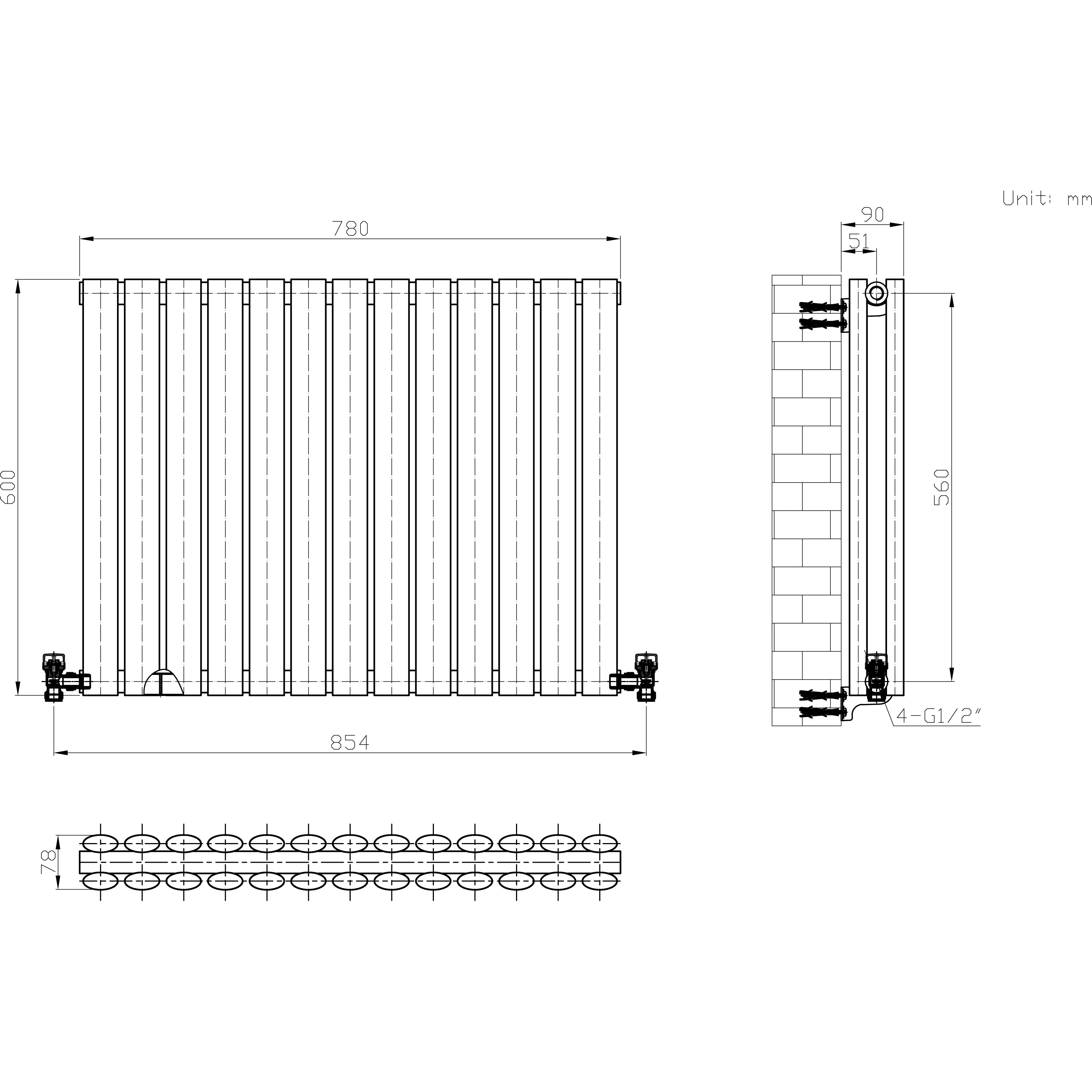 iBathUK Strata Horizontal Double Panel Oval Radiator, Wall Mounted Designer Radiator, High Heat Output, Matt Anthracite, 600 x 1440mm
