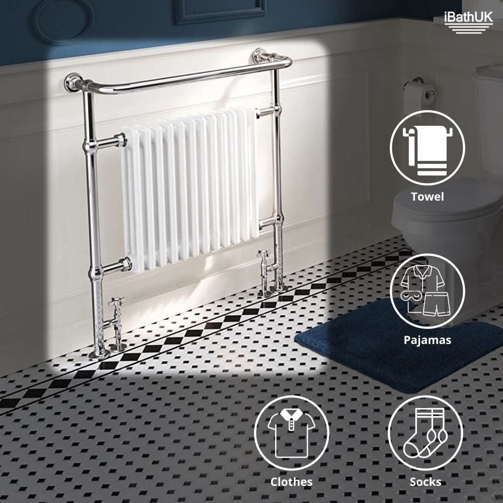 Traditional Vintage Vertical Heated Towel Rail - Chrome/White