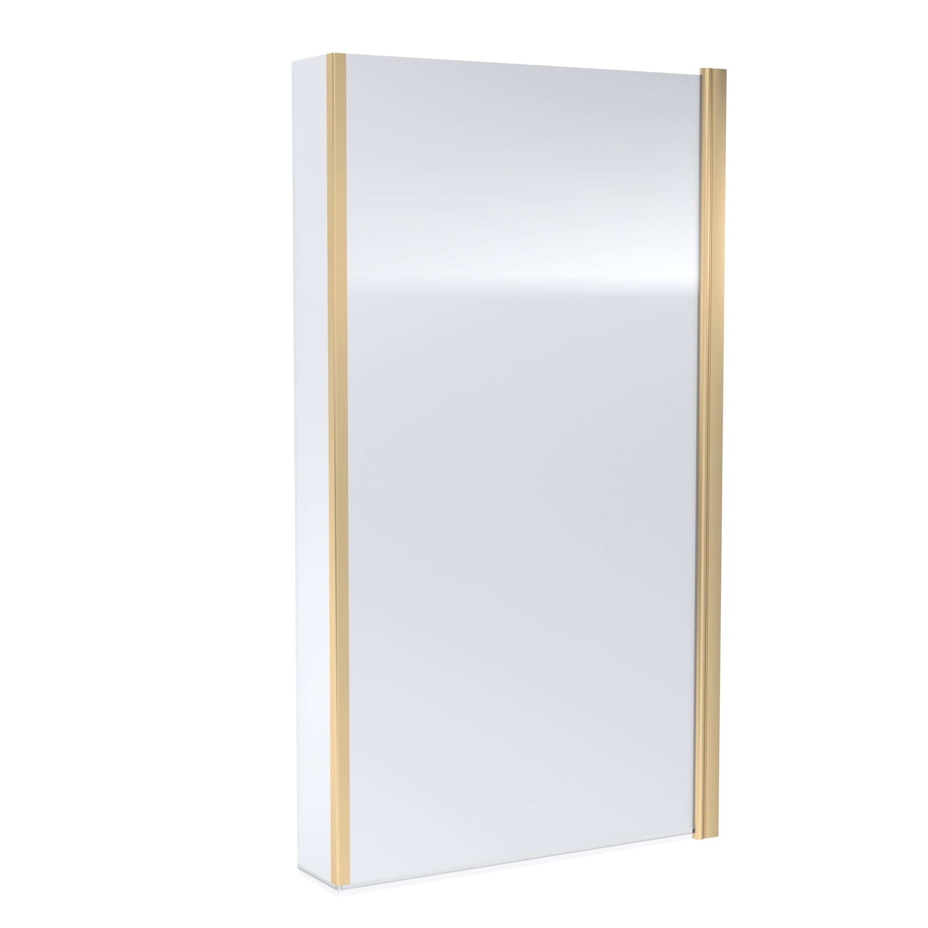 Nuie Square L-Shaped Hinged Bath Screen with Return Panel, Durable Toughened Glass Reversible Design for Modern Bathrooms in Brushed Brass Finish, 795mm