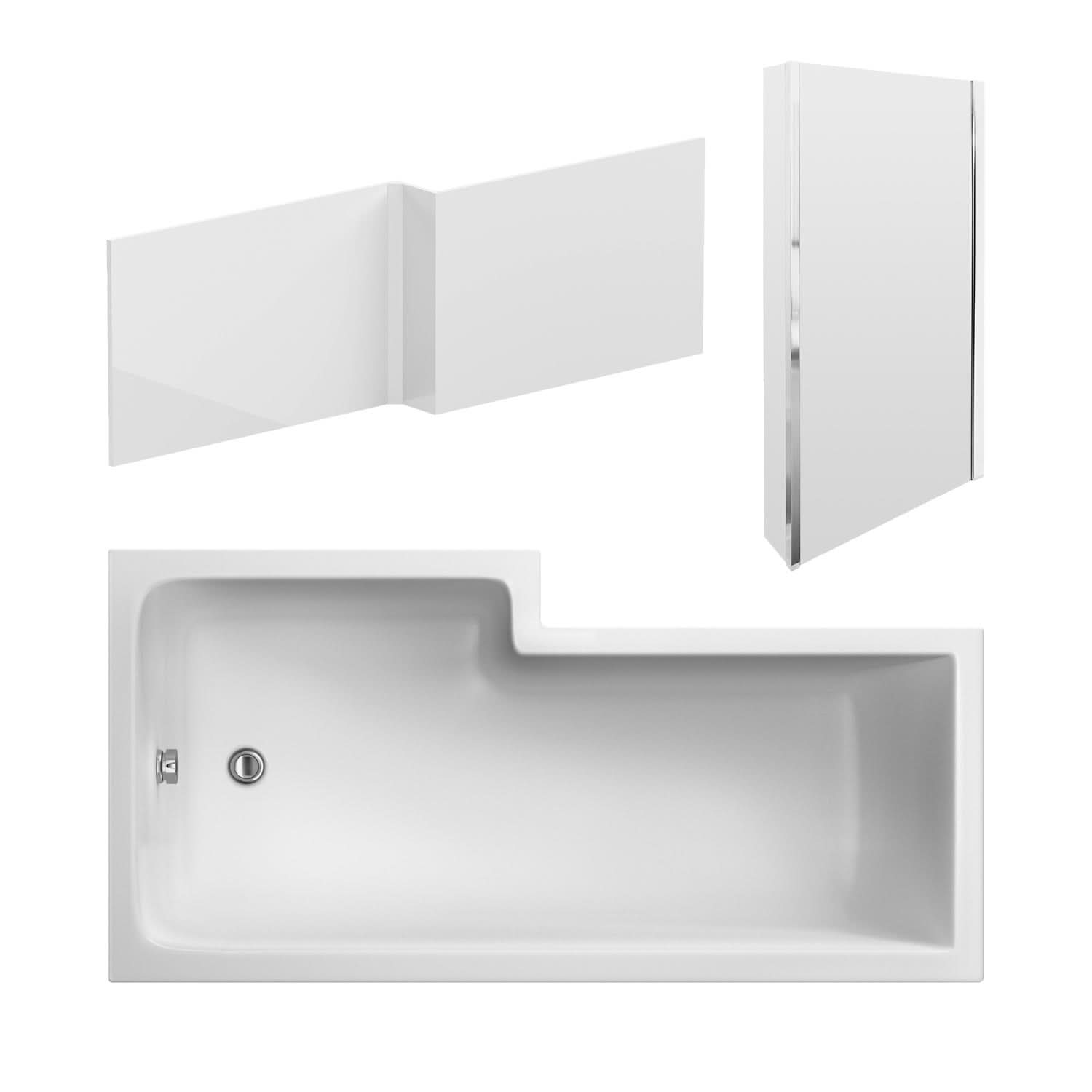Nuie Right Hand Square Shower Bath Set, Modern Bathtub with Screen & Side Panel, Deep Soaking Bathtub with Legs in White, 1600mm