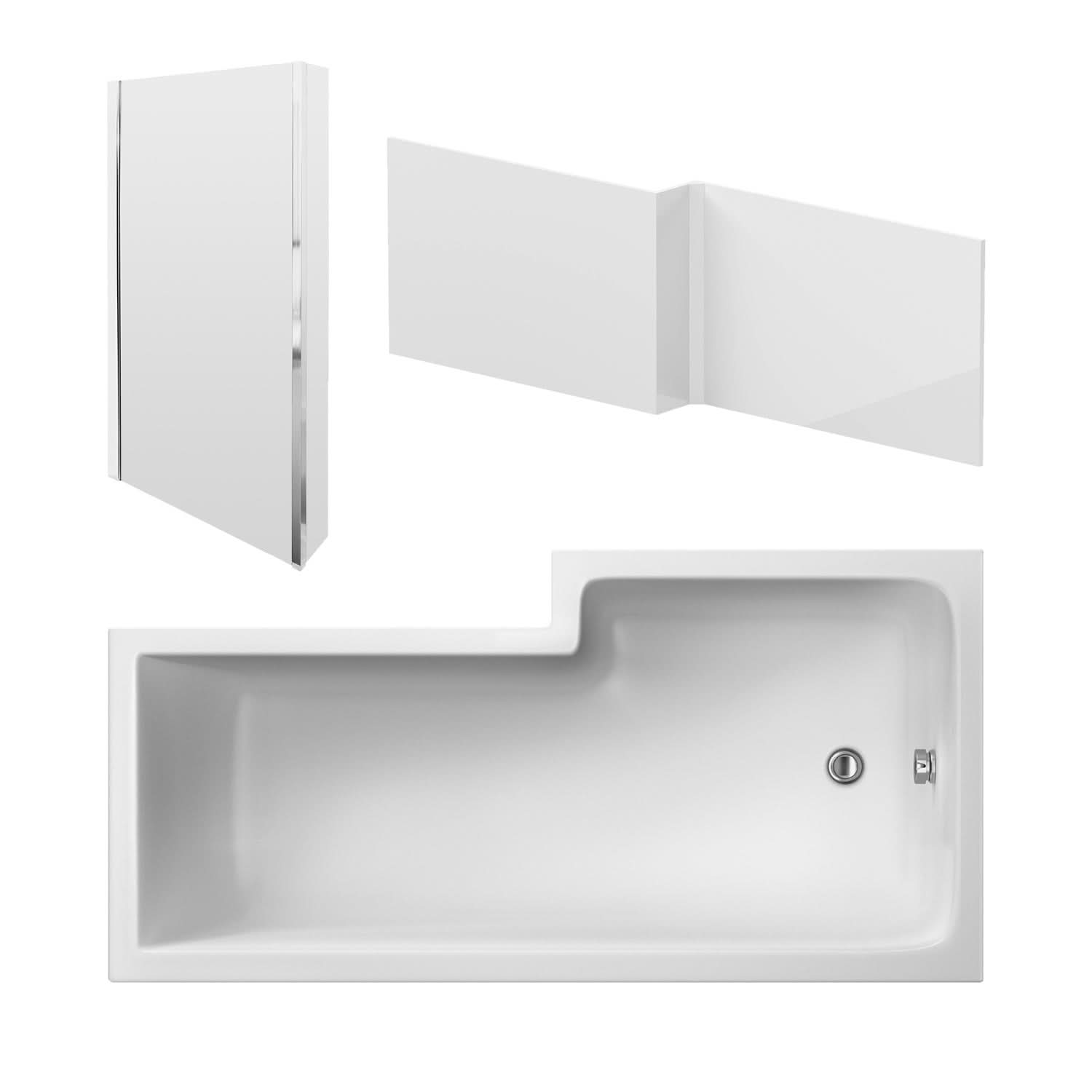 Nuie Left Hand Square Shower Bath Set, Modern Bathtub with Screen & Side Panel, Deep Soaking Bathtub with Legs in White, 1800mm