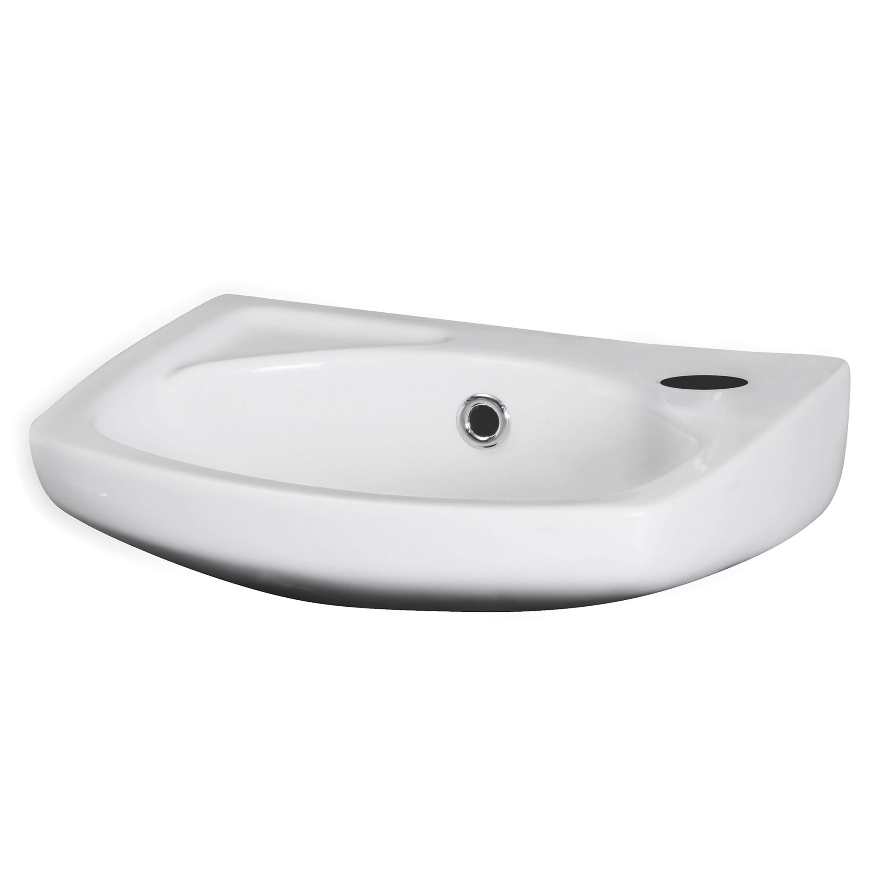 The Nuie Melbourne Square 350mm Wall Hung Cloakroom Basin in white features a single right-hand tap hole and a central drain, perfect for compact spaces.